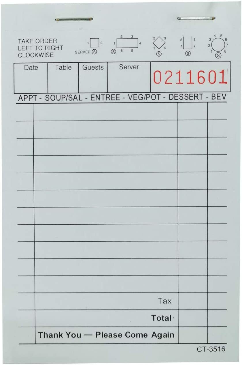 1 Part – (100-Books) Green and White Order Form Pads Guest Checks,10,000 Tickets