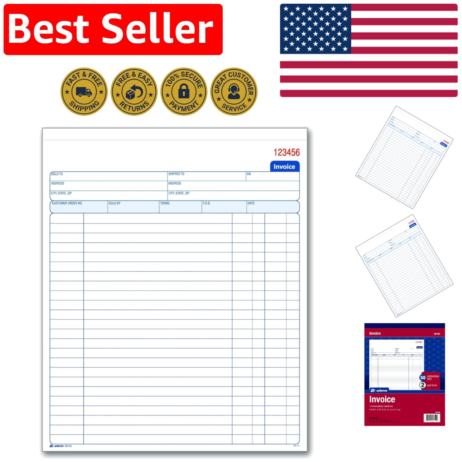 Customizable 2-Part Invoice Book, 50 Sets, 8-3/8×10-11/16 for Business Use