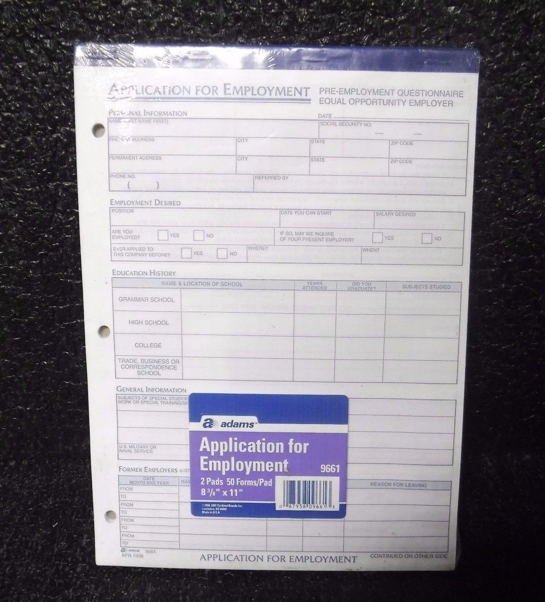 Employment Application, 2 PADS, 50 FORMS/PAD,1PWC9 (MG)