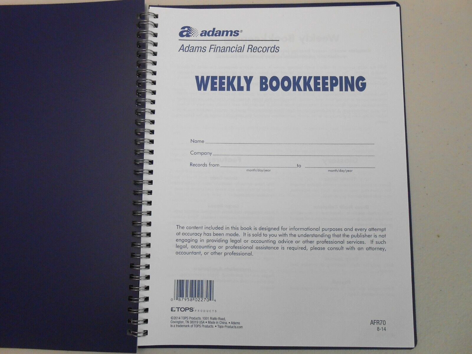 Adams Weekly Bookkeeping Record Book, Spiral Bound, 8.5 X 11 Inches, AFR70