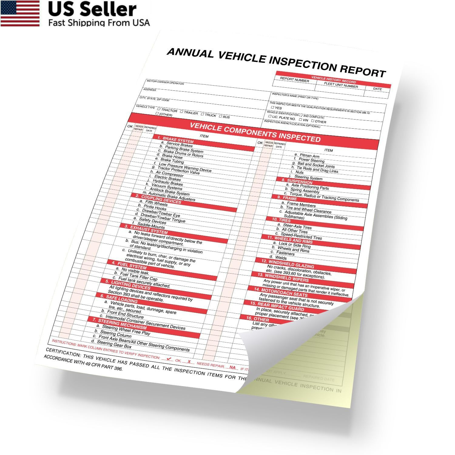 Annual Vehicle Inspection Report Form 25-pk 3-Ply 8.5 x 11.75 inch, Red