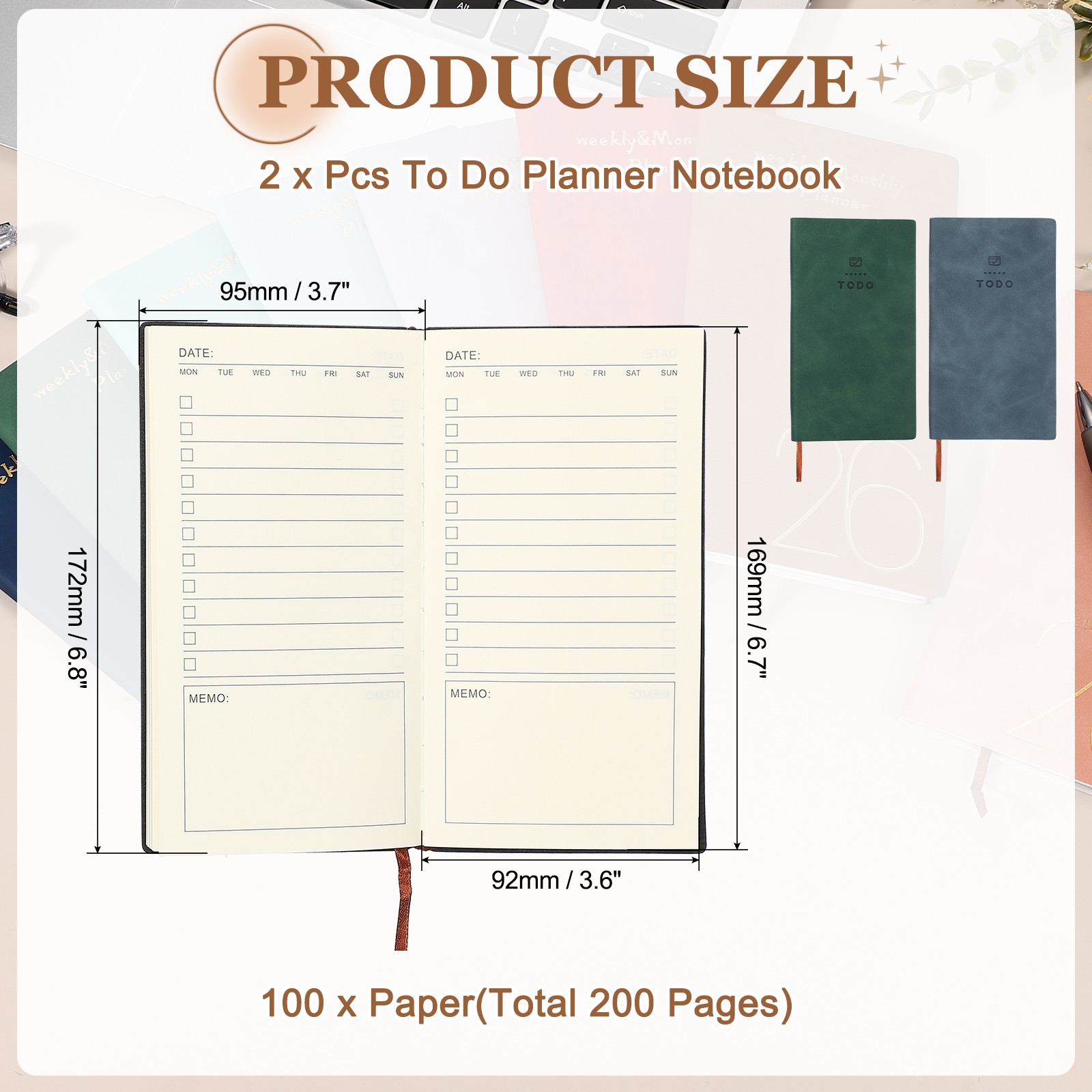 2Pcs to Do Notebook, A6 6.8 x 3.7″ Daily Planner Notebook, Green/Dark Blue