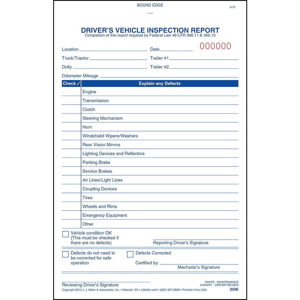 J. J. Keller Simplified DVIR Book 10-pk., 3-Ply Carbonless, 5.5″ x 8.125″