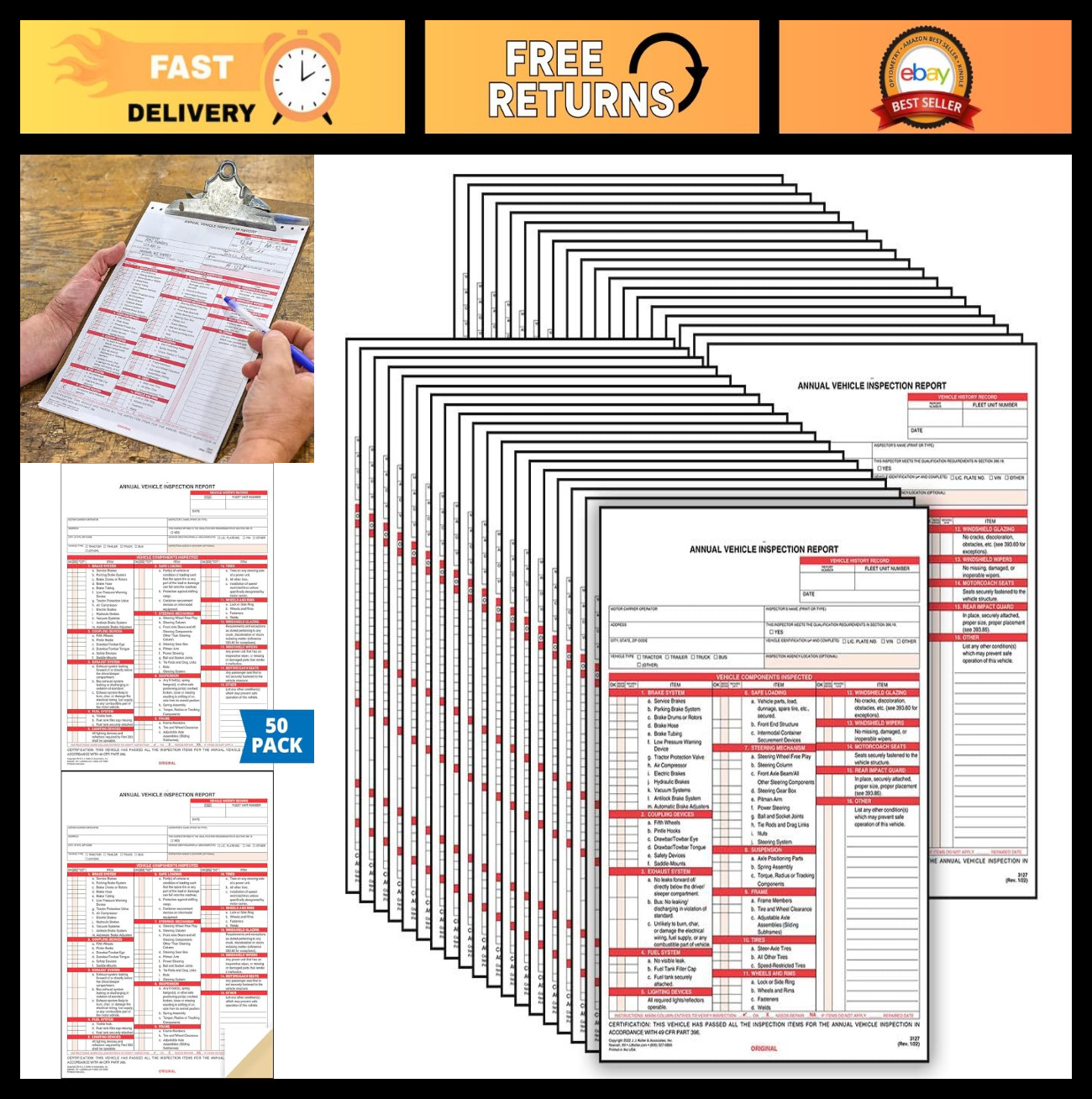 50-Pack Annual Vehicle Inspection Report Forms – 2-Ply Carbonless, DOT Compliant