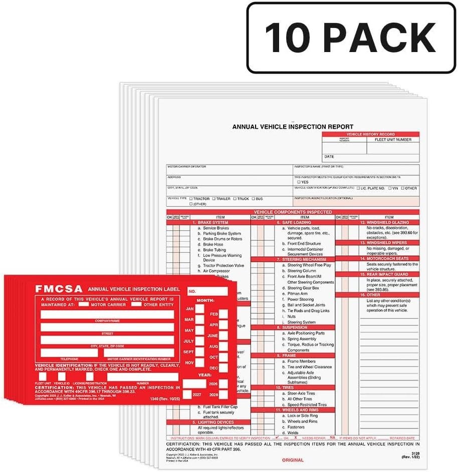 Annual Vehicle Inspection Report Forms & Durable Red Aluminum Labels – 10-Pack