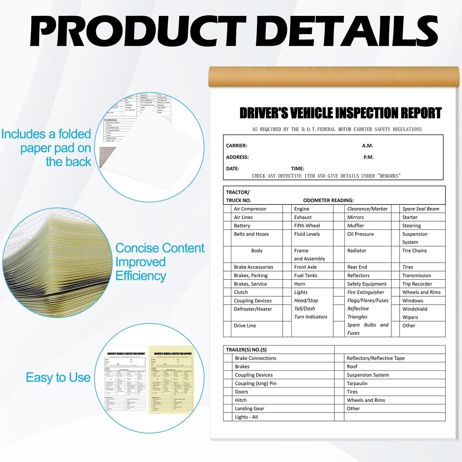 800 Sets (16-Pack) Detailed Driver’s Vehicle Inspection Report 8.5″ x 5.5″ Da…