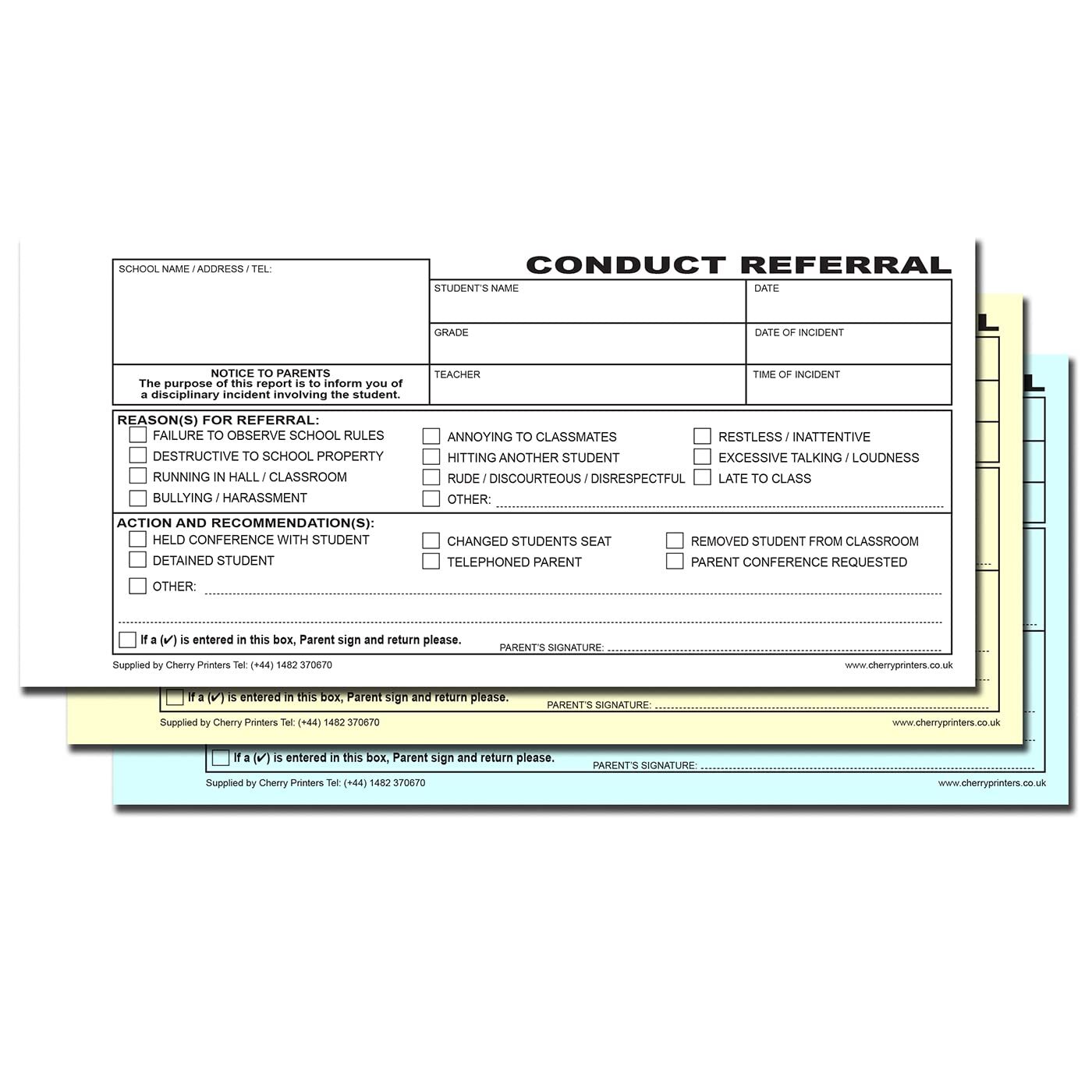 Cherry Conduct Referral Slips for Schools 3pt 8.3 inches x 3.9 inches 50 Trip…