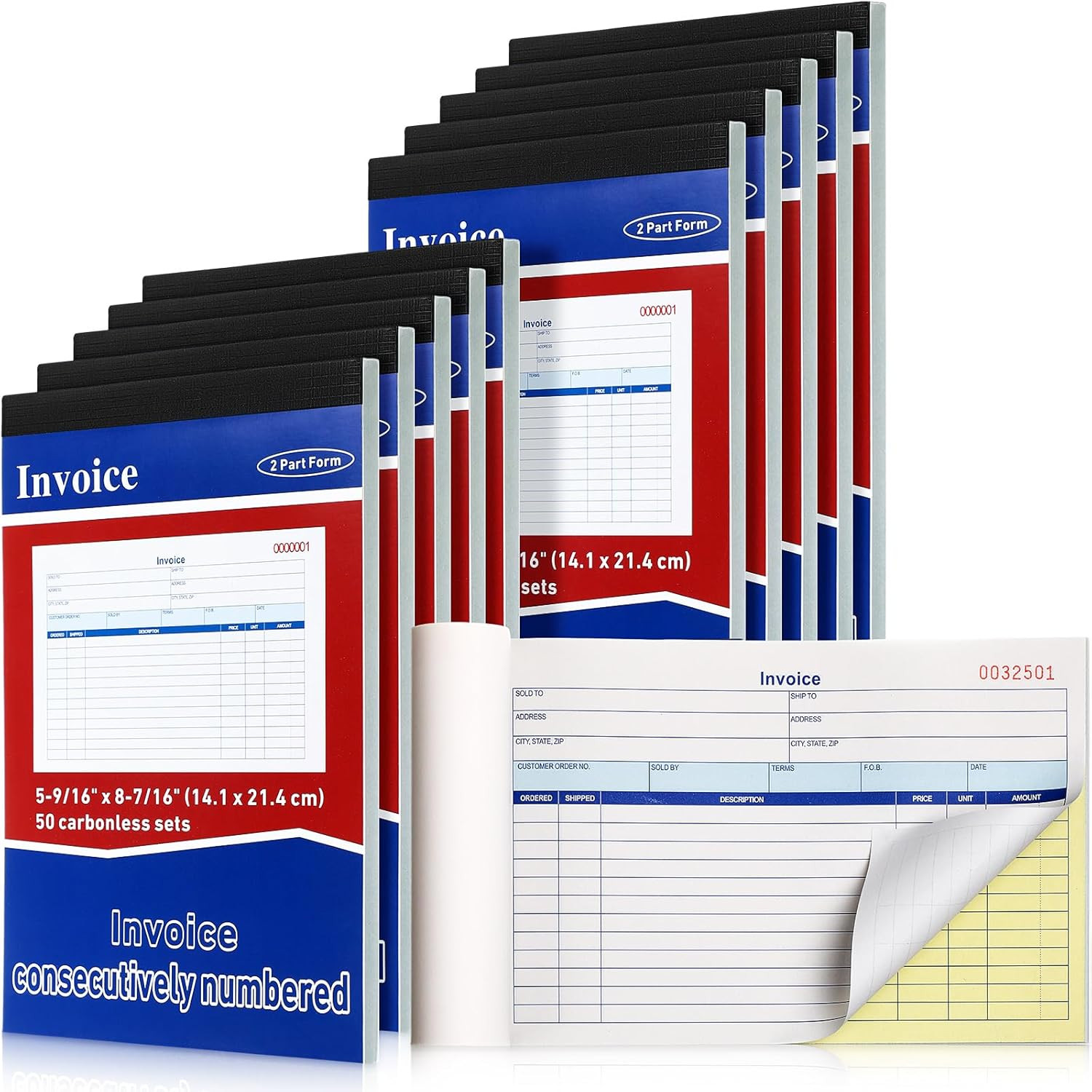 2 Pads Invoice Receipt Book for Small Business 2 Part Carbonless 5.5 X 8.4 Inch