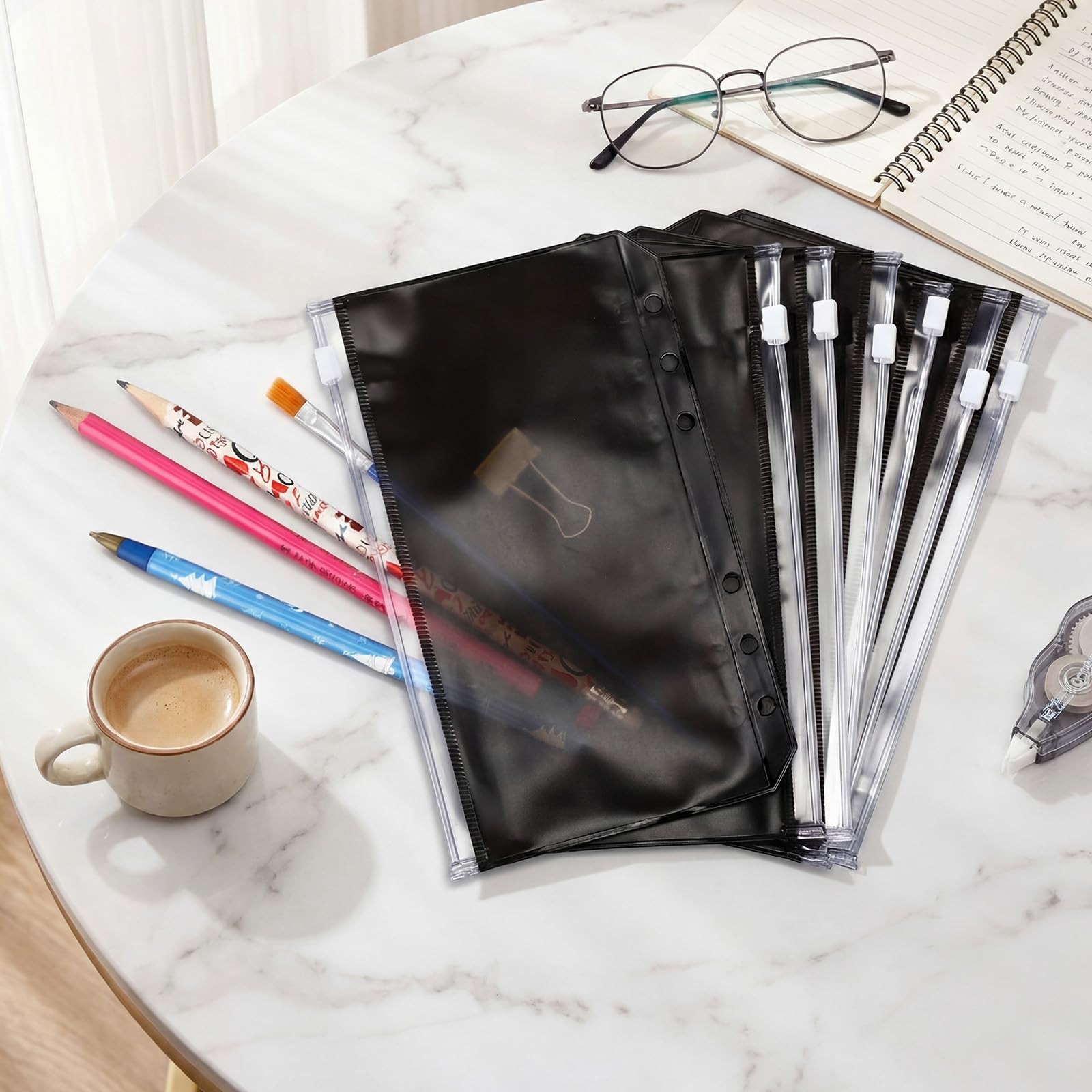 Leinuosen 50 Pcs A6 Binder Pockets 6 Hole Black Zip Envelope 6 Holes,