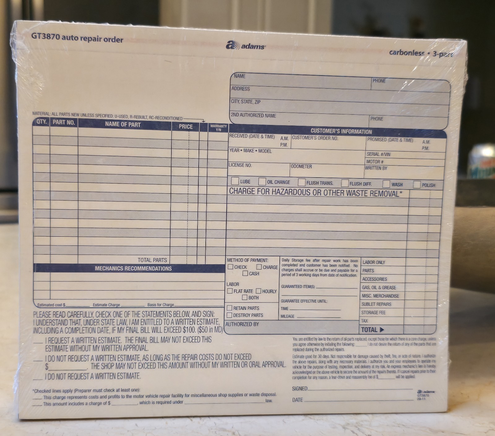 Adams GT3870 8.5 in x 7.44 in Repair Order Form Invoices – 50 Count Sealed