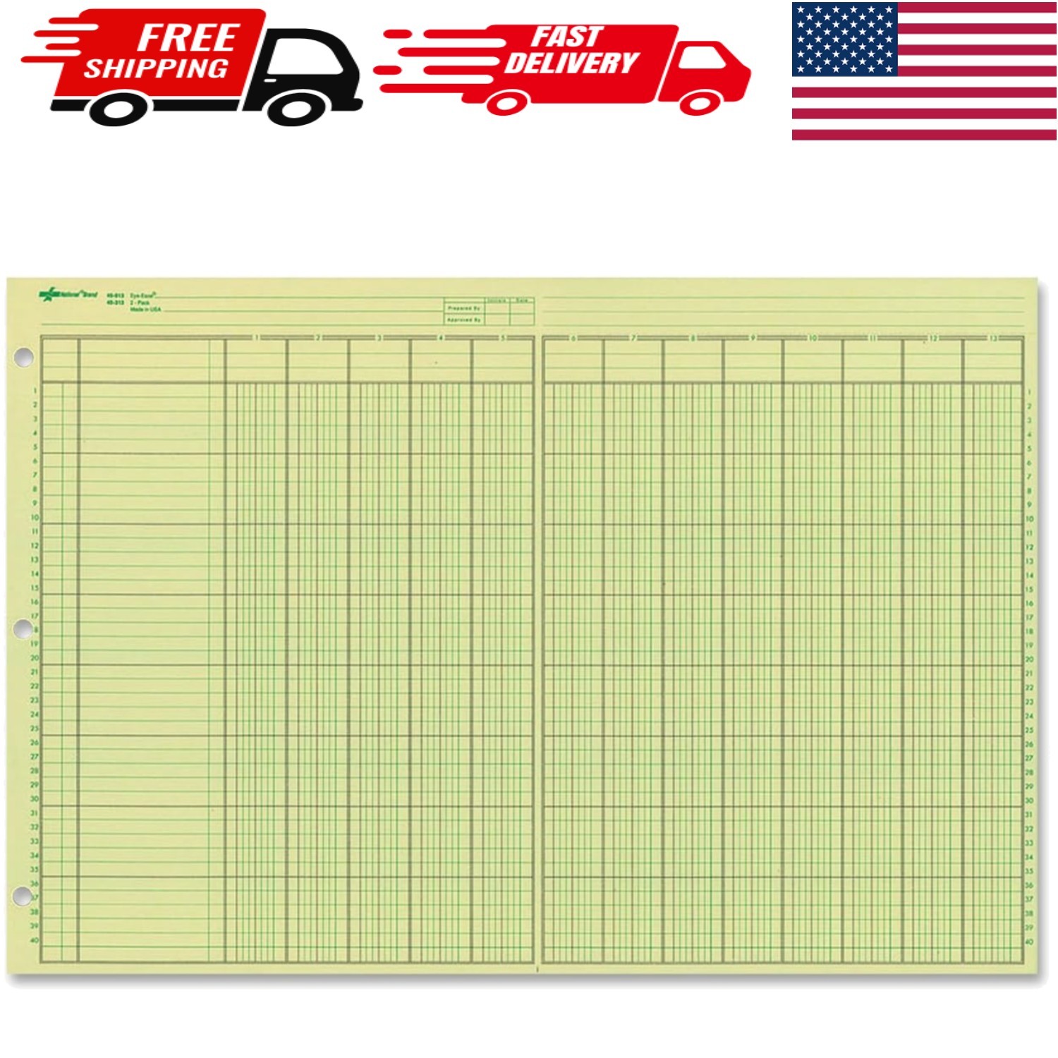 50-Sheet Green Eye-Ease Analysis Pad – 13 Columns, Side-Punched, 11″ x 16.375″