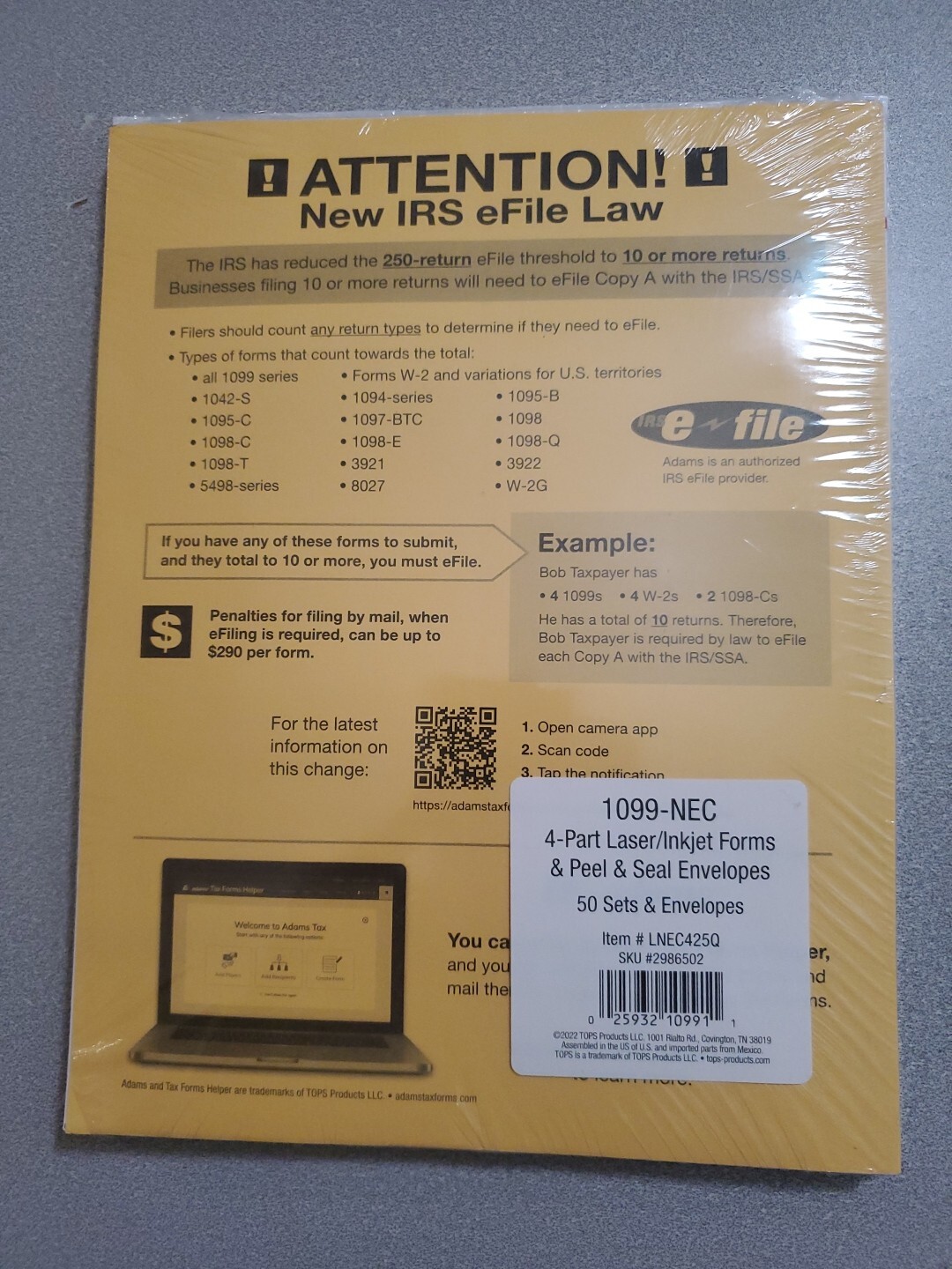 TOPS 2023 1099-NEC Tax Form Kit with Envelopes 4-Part 50/Pack (LNEC425Q)