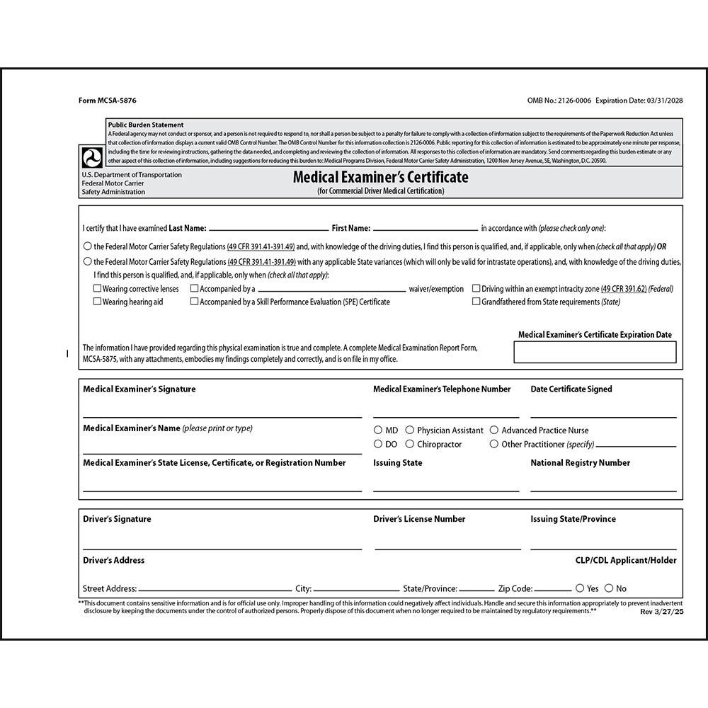 J. J. Keller Commercial Driver Medical Certification Form 10-pk., 2-Ply, 4.25″