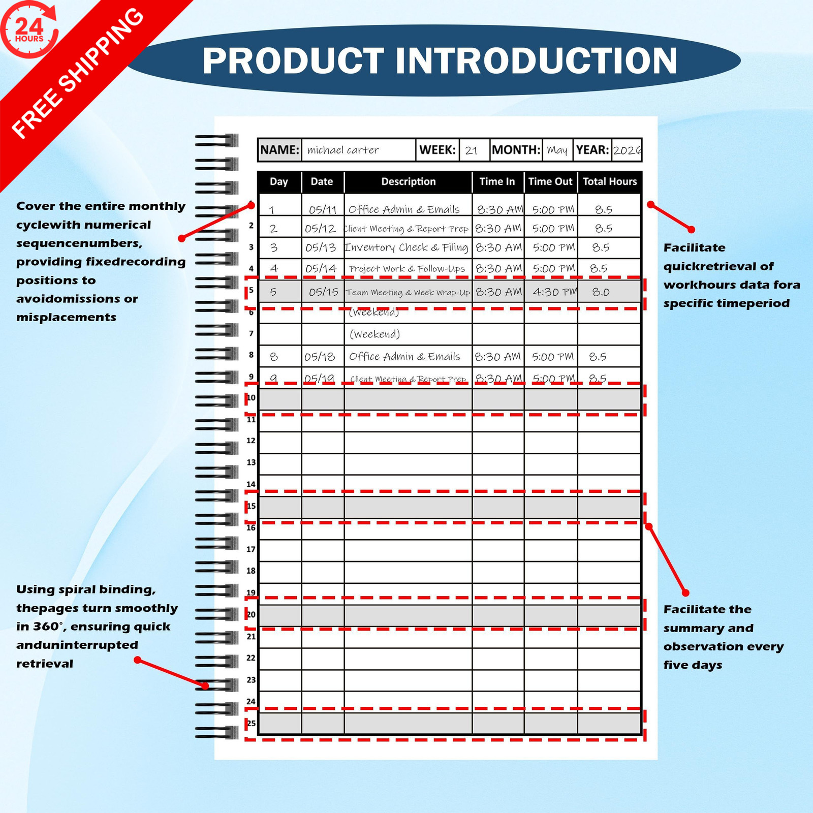 2 Pcs Daily Time Sheet Log Book 120 Pages 6×9 Inch Spiral Binder 6 x 9