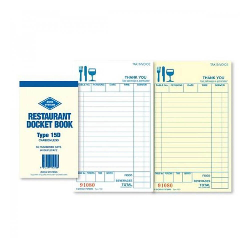 Zions Carbonless Duplicate Quality Restaurant Docket Book Consecutively Numbered