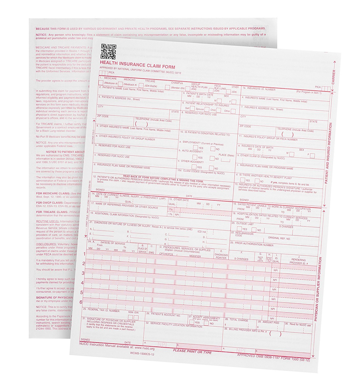 New CMS 1500 – HCFA Insurance Claim Forms and Self-Seal No. 10-1/2 Tinted Window