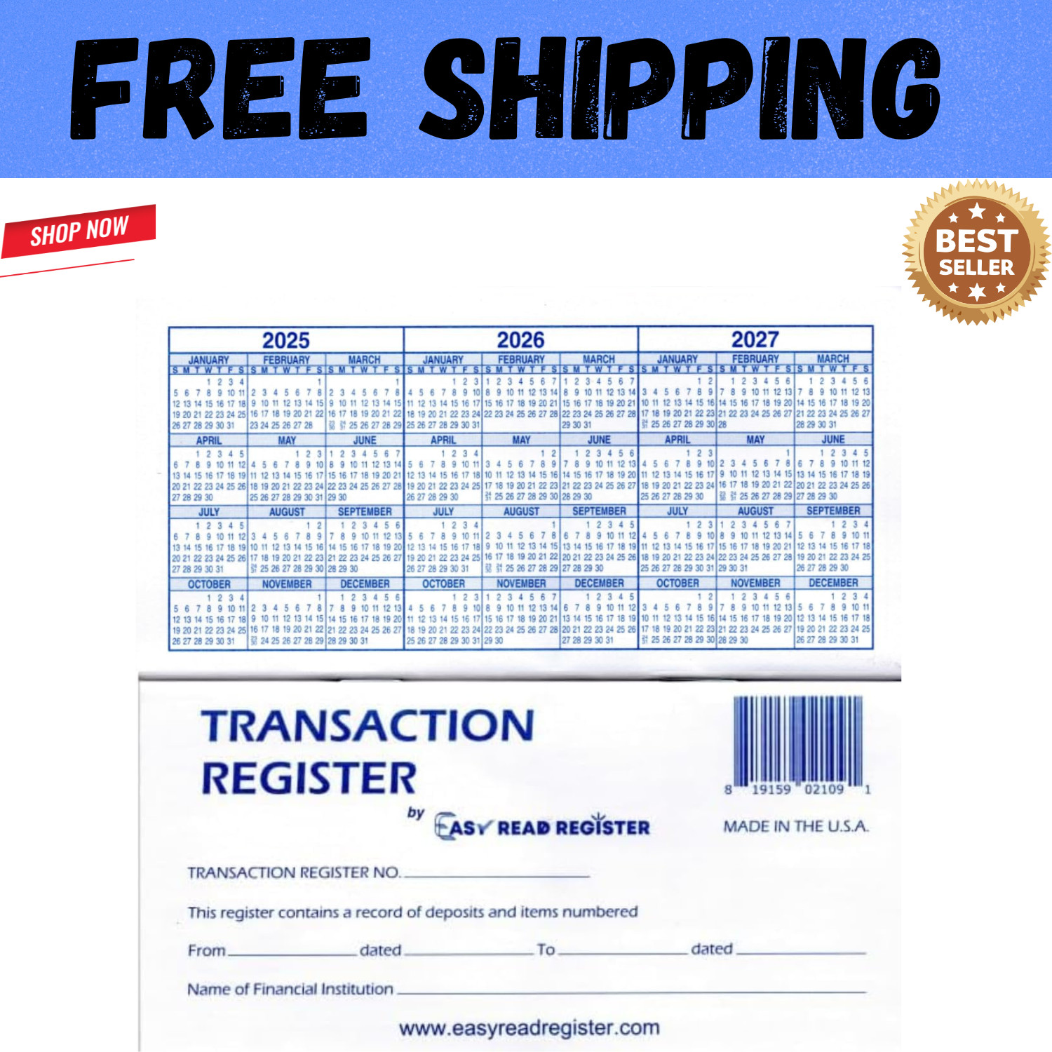 12 Checkbook Transaction Registers 2025-2026-2027 Calendars Check Book Bank