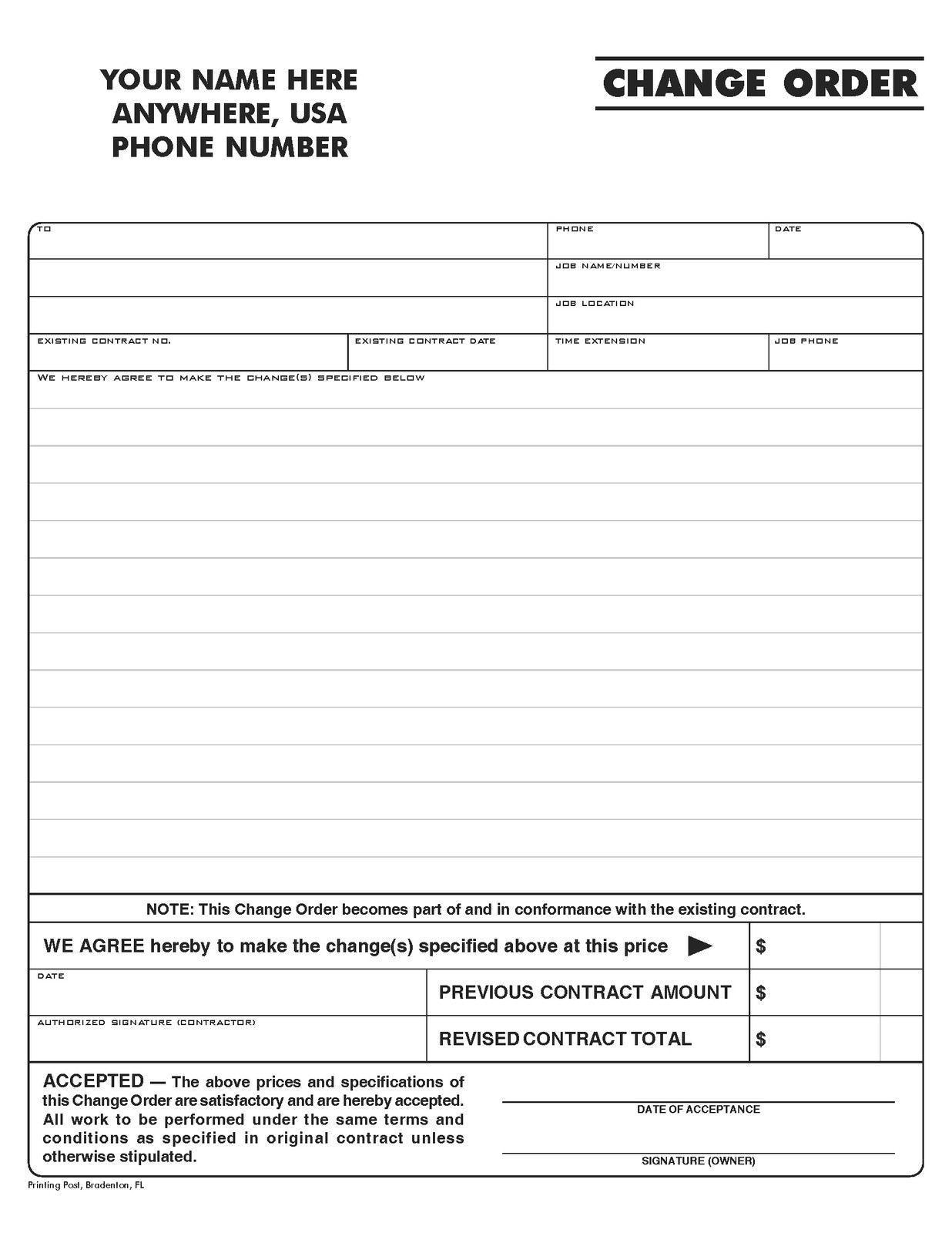 100 2-part NCR Carbonless Form – Contractor Change Order