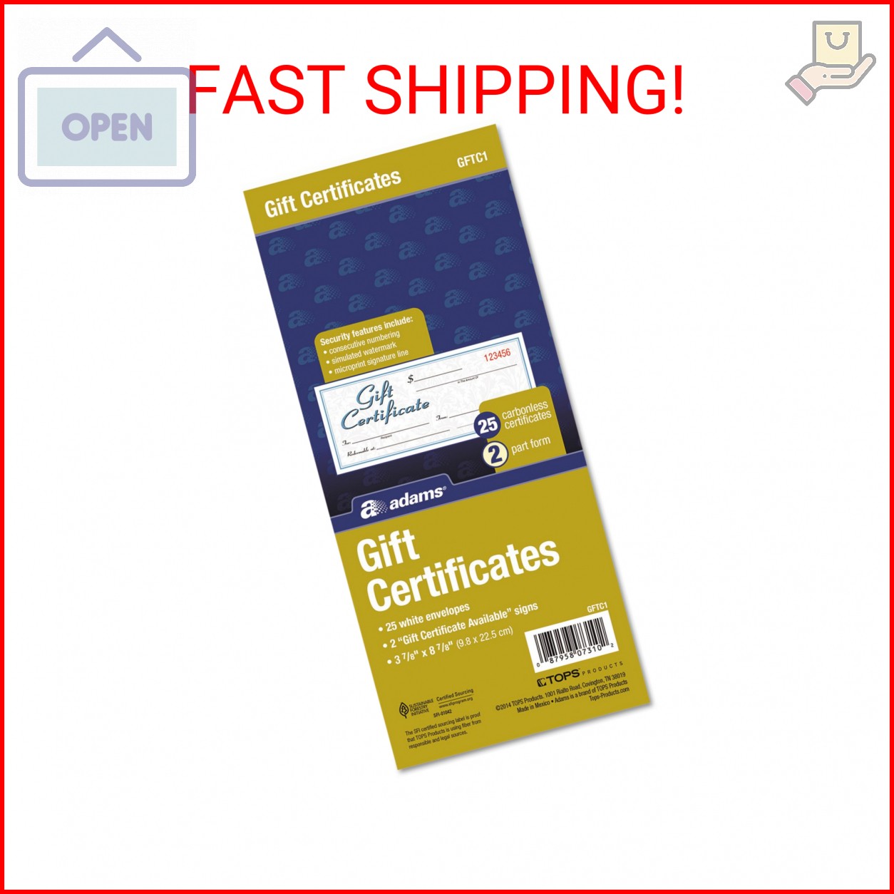 Adams Gift Certificate Book, Carbonless, Single Paper, 3.4 x 8 Inches, White/Can