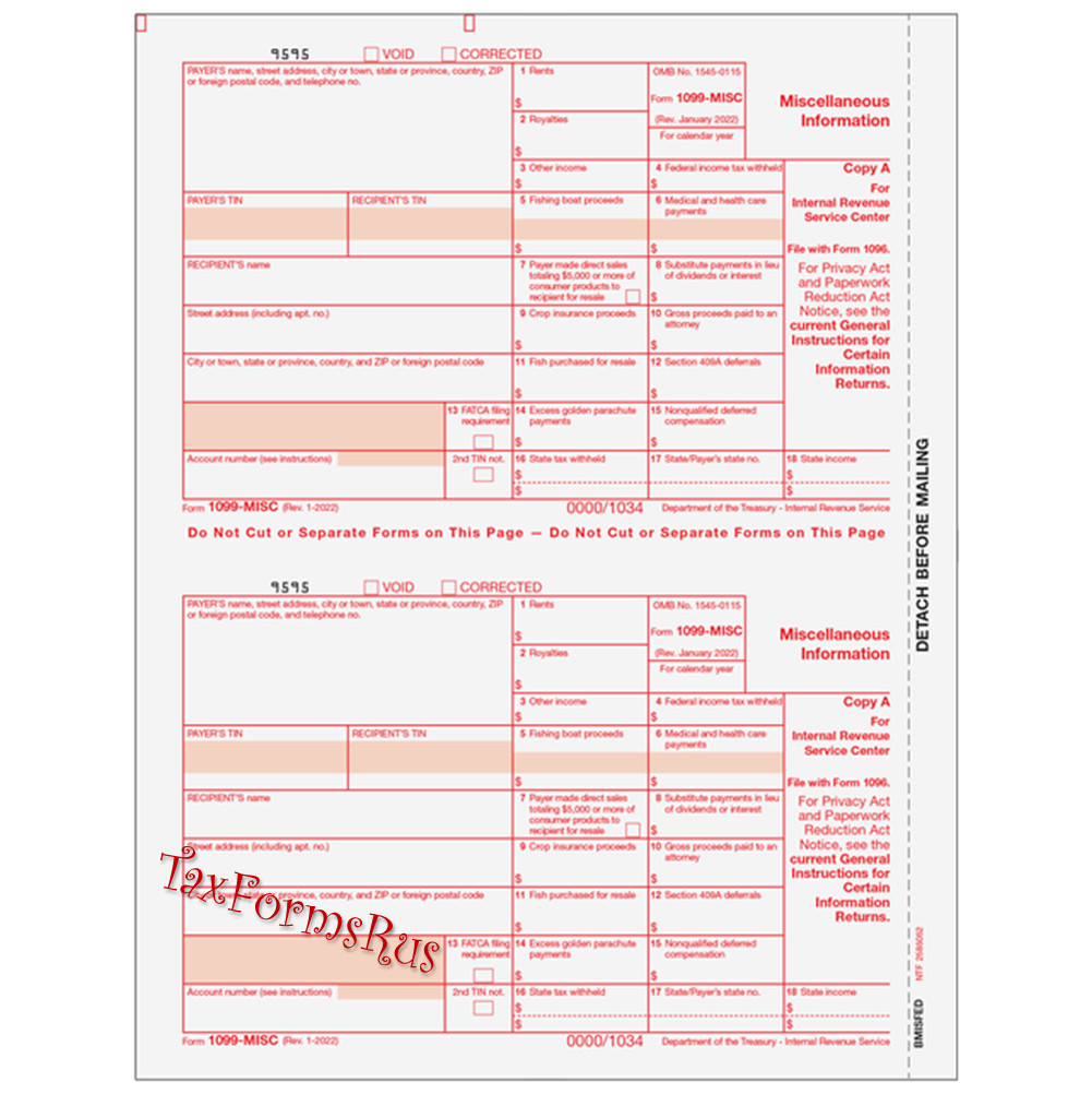 2022 IRS Tax Form 1099-MISC Laser 25 recipients+(3)1096 #MISCS405 2UP 4pt NO Env