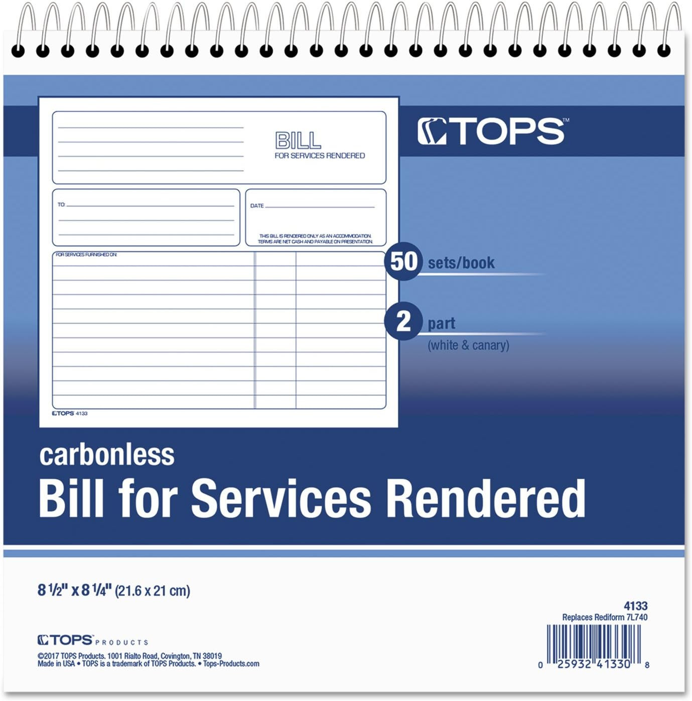 2-Part Carbonless Bill for Services Rendered Book, 8.5 X 8.25 Inches, 50 S