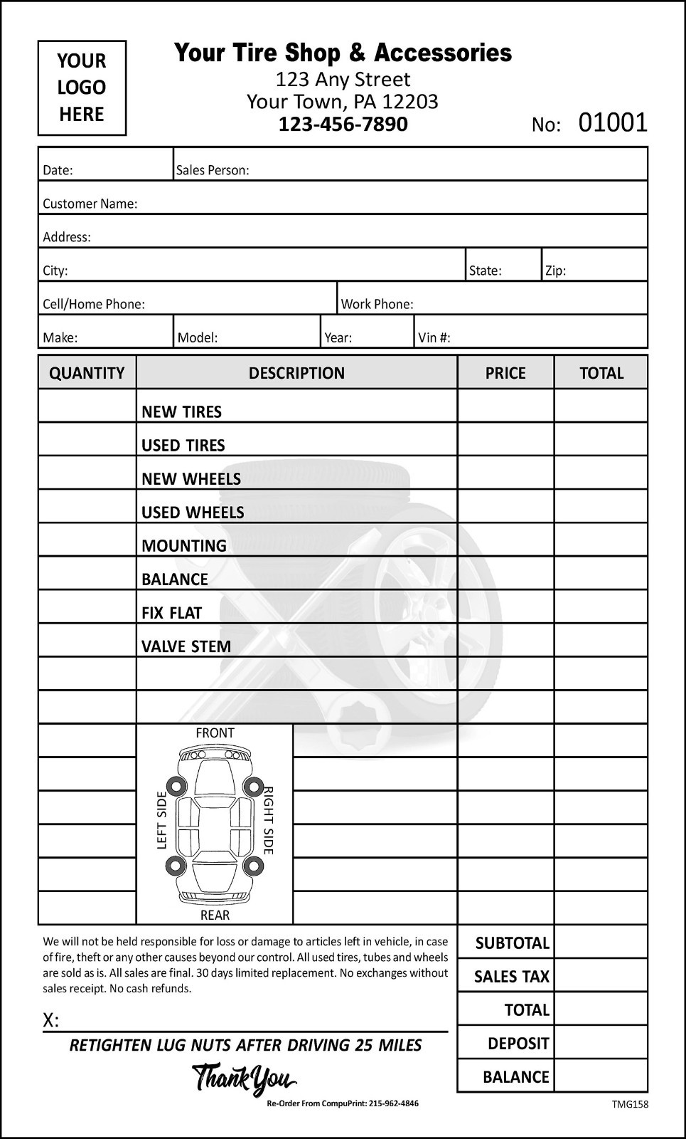Automotive Tire Shop Repair Form / 5.5 x 8.5 / 2 or 3 Part / TMG158