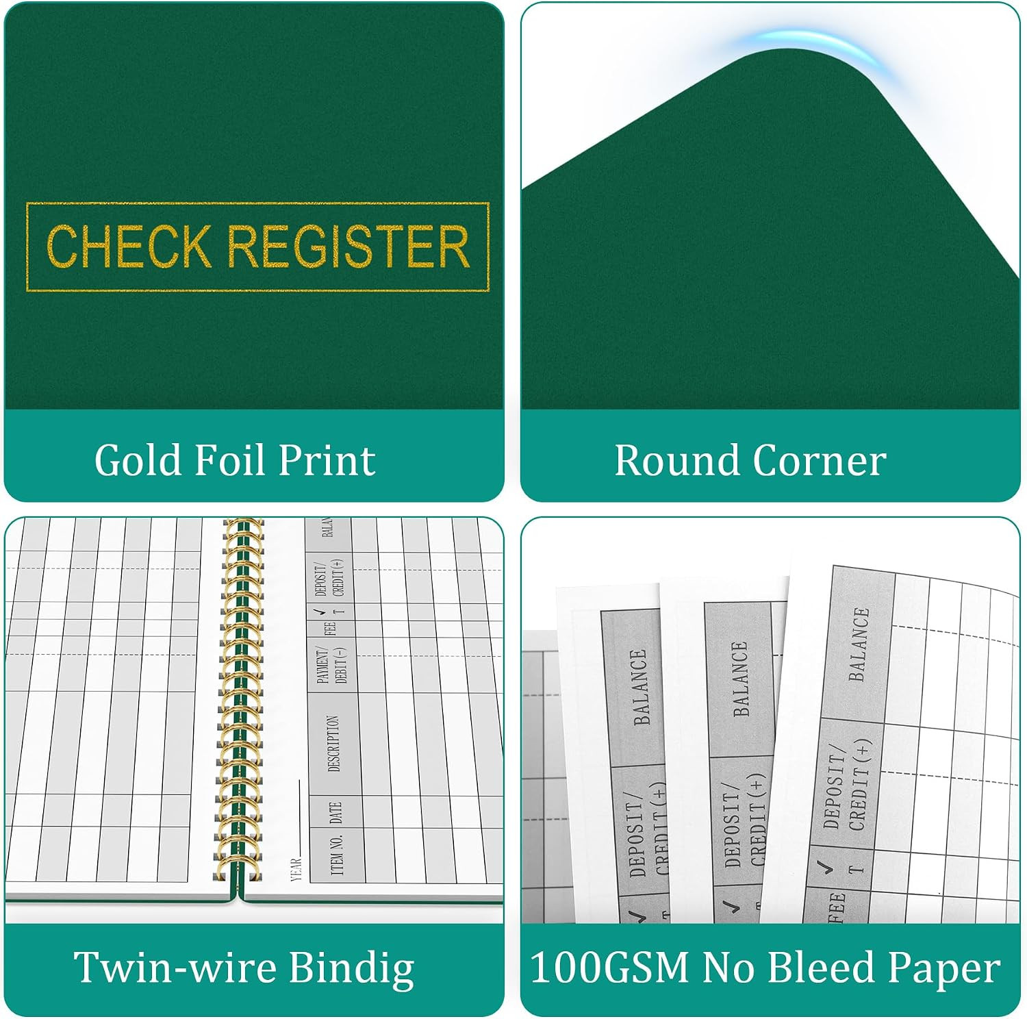 Check Registers for Personal Checkbook, Transaction Expense Ledger Dark Green