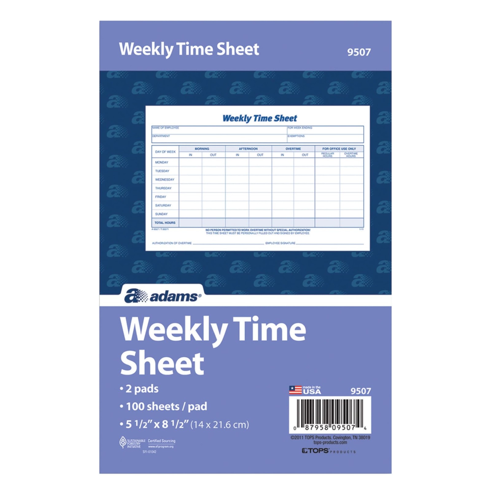 Adams Weekly Time Sheet, 1-Part, 5.5 x 8.5 Inches, Blue/White, 100 Sheets…