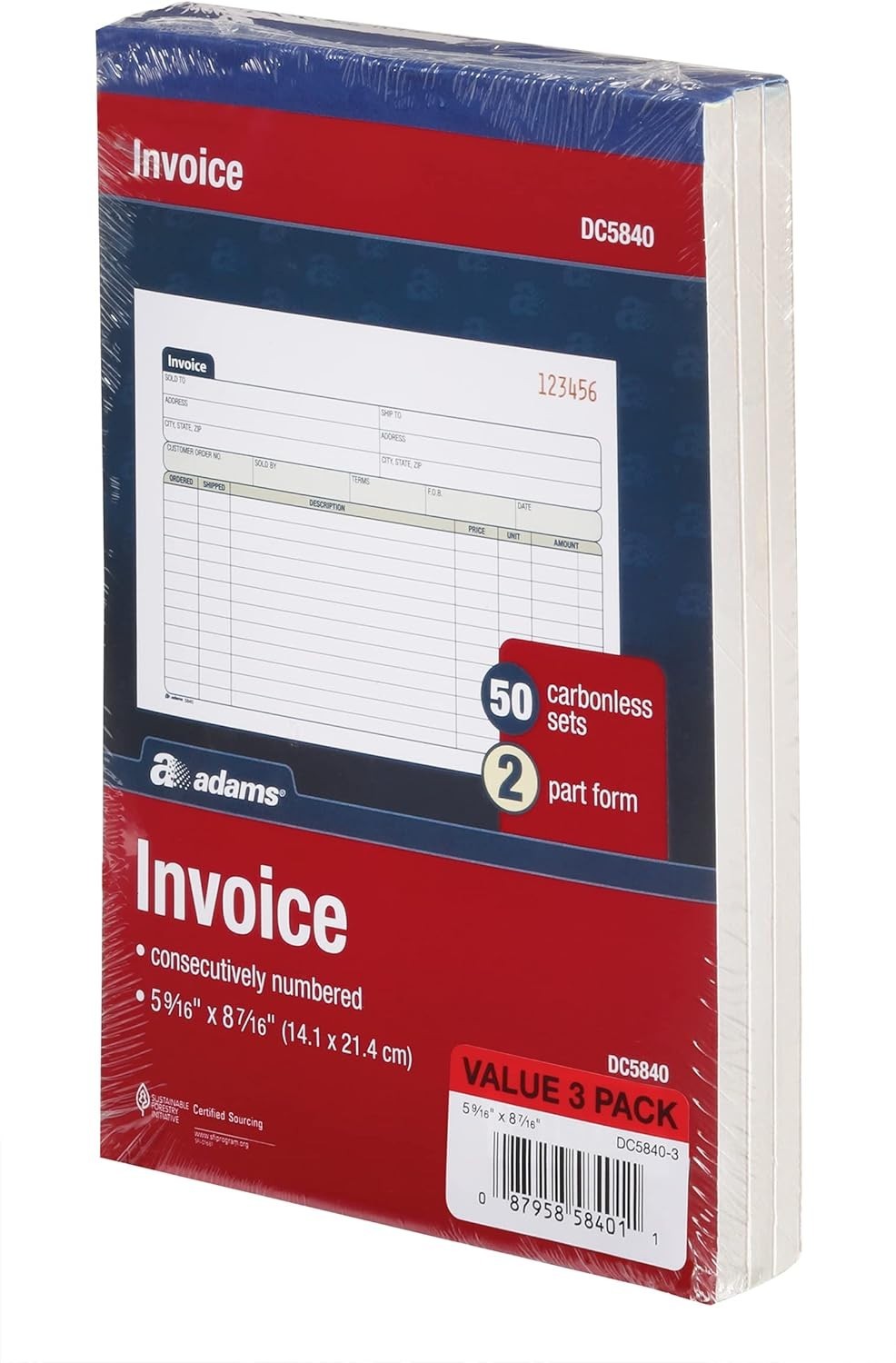Invoice Book 3 Pack, 2 Part Carbonless Invoices, Horizontal Sales Slip, 5-9/16 x