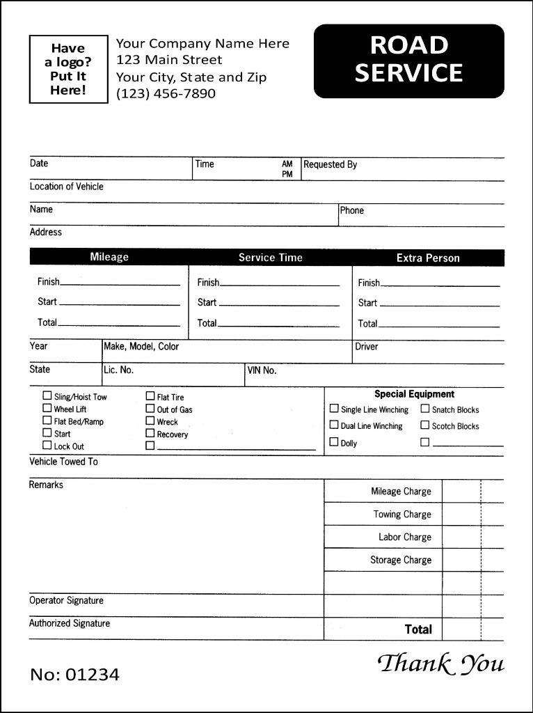 1000 Custom Towing Road Service Receipts, 2 Part / 5.5 x 8.5 / Numbered / TMG005