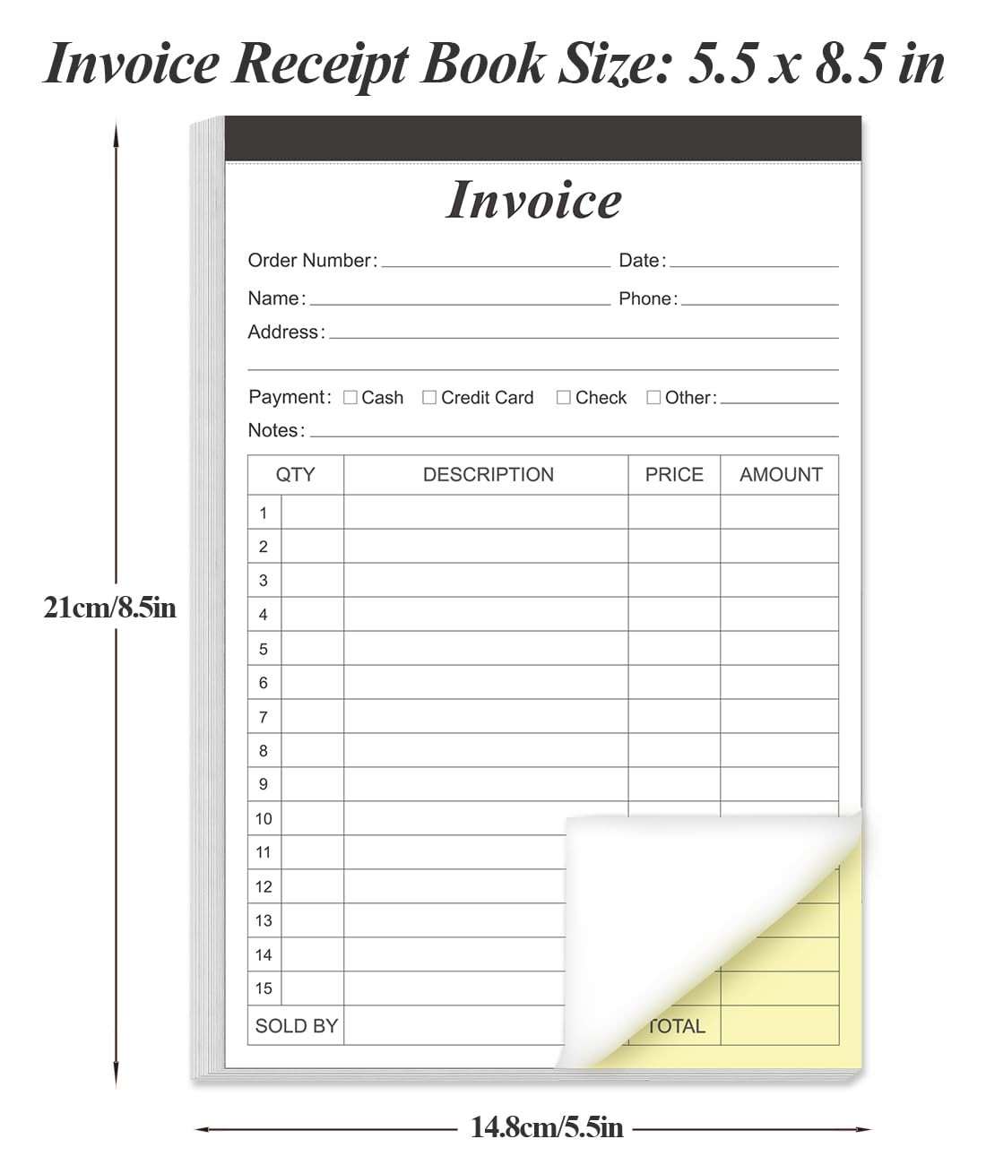 Invoice Receipt Book 2-Part Carbonless 5.5″ x 8.5″ 50 Sheets for Small Business