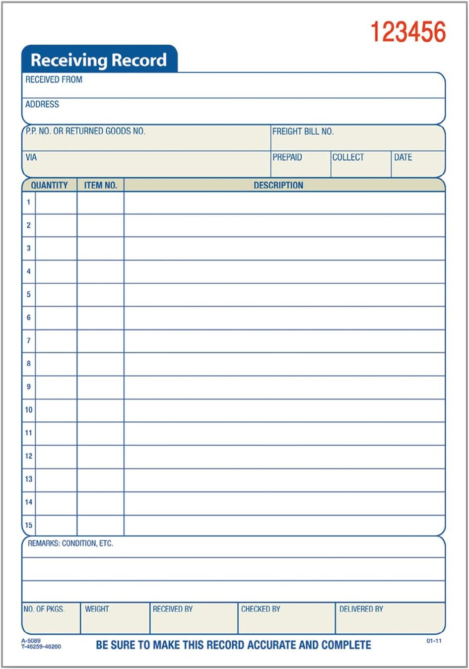Receiving Record Book, 2-Part, Carbonless, 5-9/16 X 8-7/16 Inches, 50 Sets per B