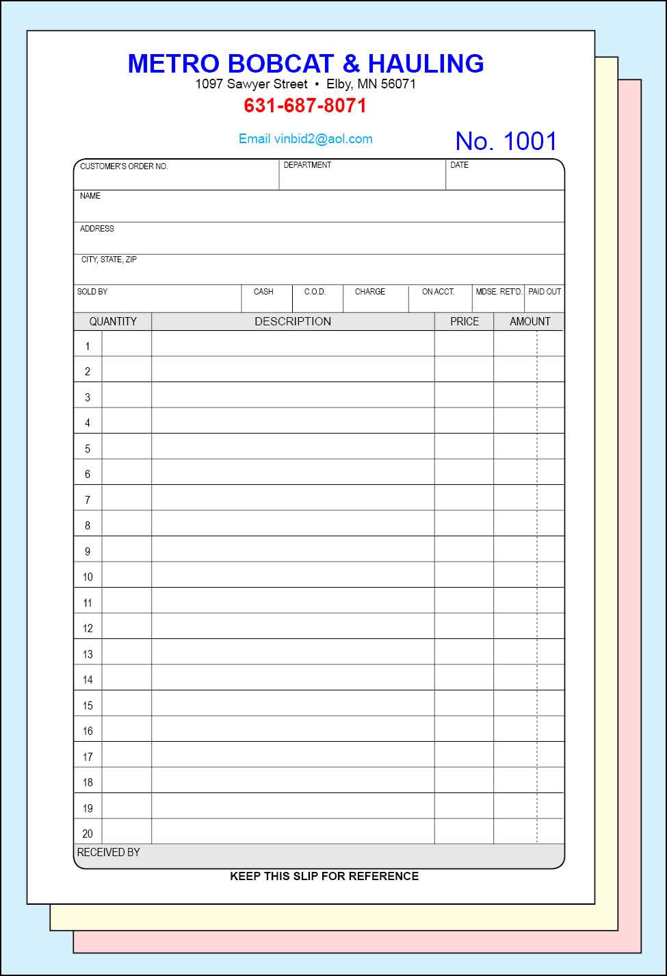 SALES INVOICE CUSTOM PRINTED 2 or 3 Part Carbonless