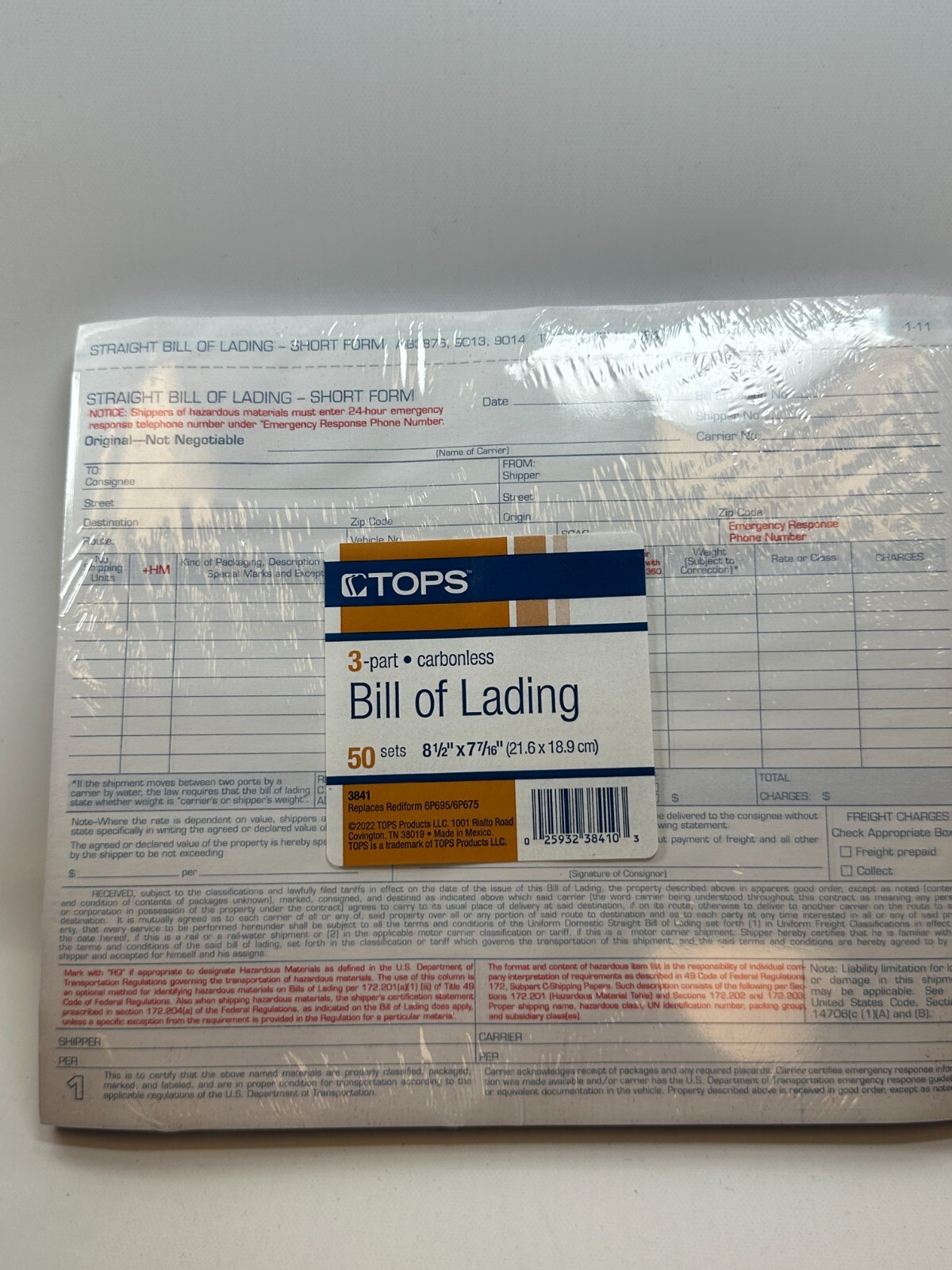 Tops 3841 Bill of Lading 3 Part Carbonless 8 1/2″ x 7 7/16″ 5 packs/Box – NEW