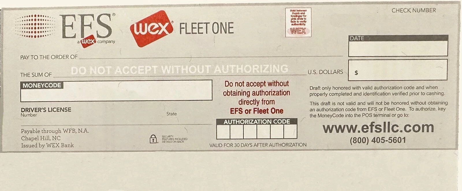 50 Pack BLANK Electronic Fund Source EFS Checks *FREE SHIPPING* WEX / Fleet One