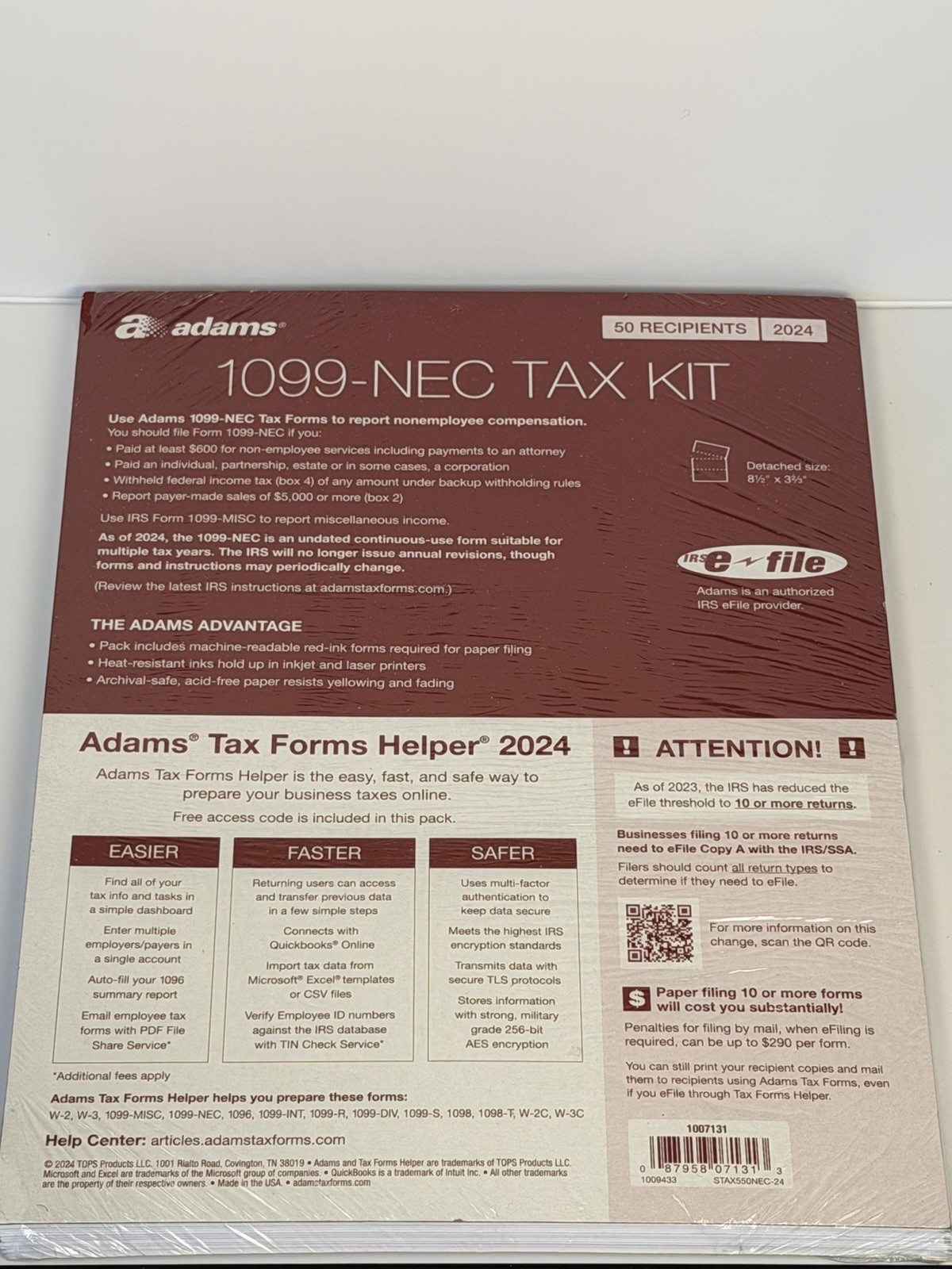 2024 1099 NEC Tax Kit 50 Recipients, 4 Part Sets, 10 Fed eFile, 1099 Envelopes