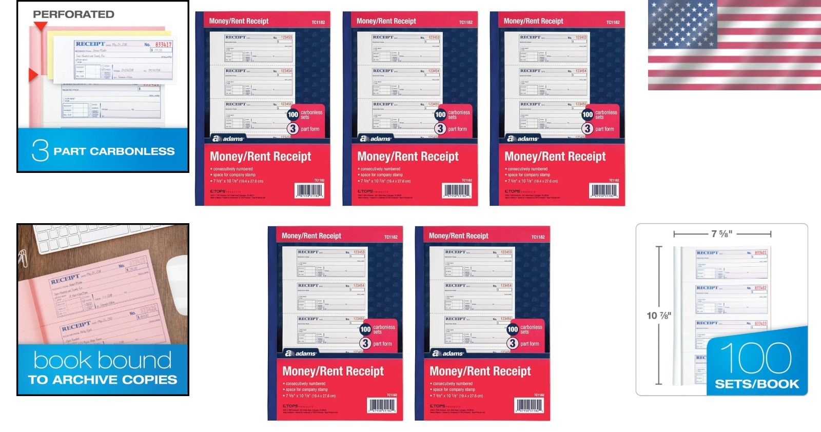 Rent Payment Receipts, 100 Sheets, 5 Pack