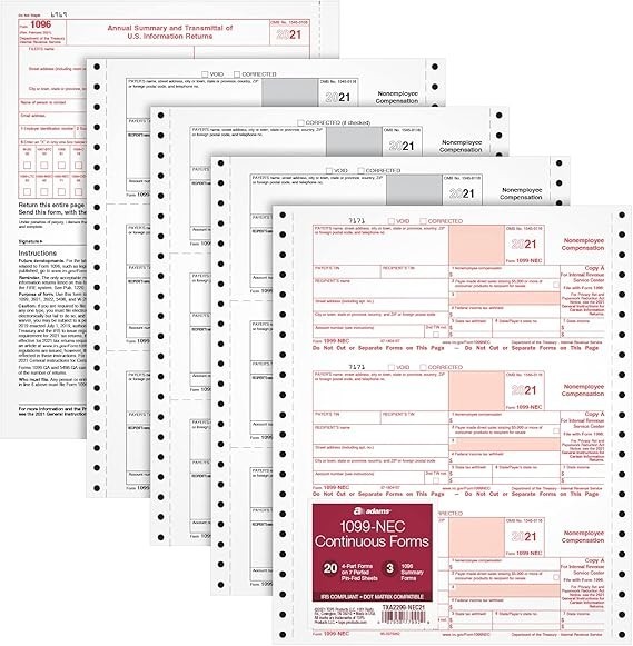 (10) TOPS 1099 MISC 2-UP FORMS + ADAMS 1099 NEC 3-UP CONTINUOUS TAX FORMS 2021