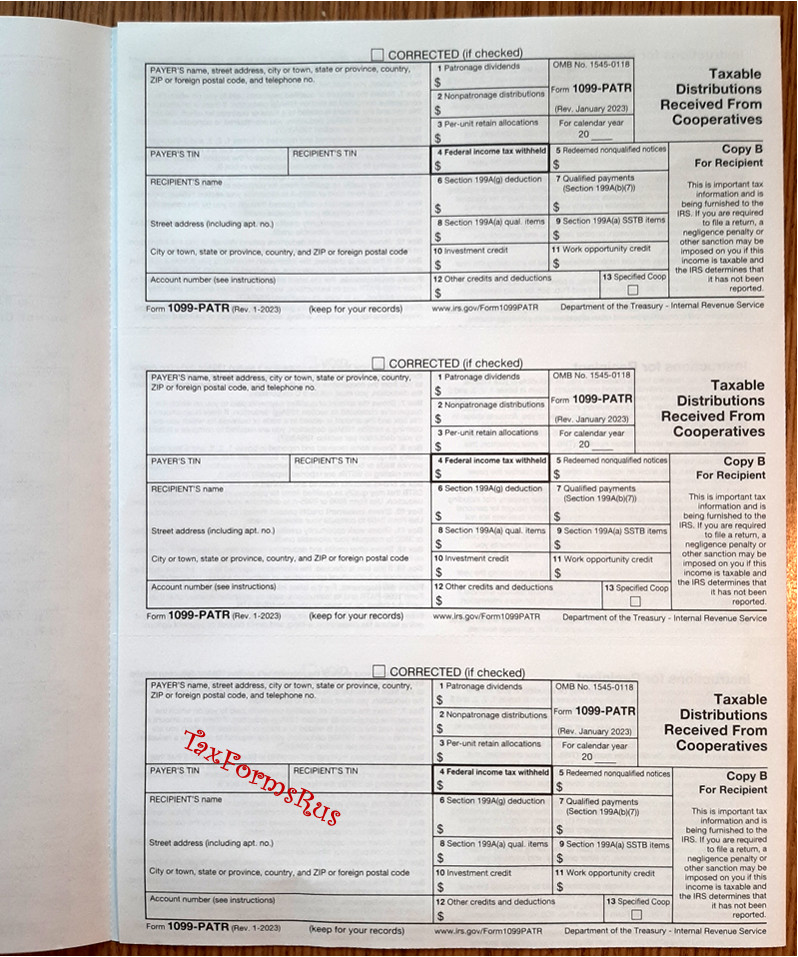 2024 IRS Tax Form 1099-PATR single sheet set 3 recipients, NONCarbonless 3pt 3UP