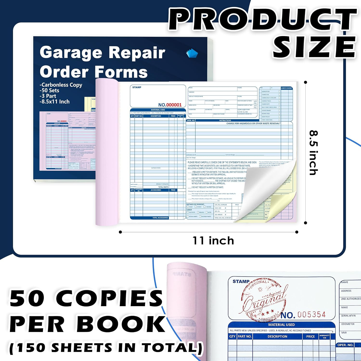 Auto Repair Order Forms 100 Sets 3 Part Carbonless 8.5×11 Sequential Numbered