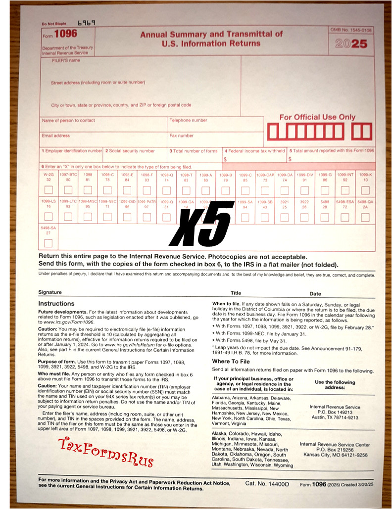 5-pack – 2025 Tax Form 1096 Annual Transmittals ONLY (for mailing 1099s to IRS)