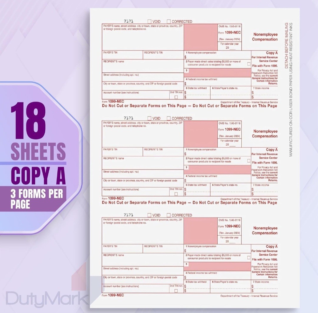 1099 NEC Forms 2024 50 Pack 4 Part Laser Tax Forms Kit Pack Federal/State 1096