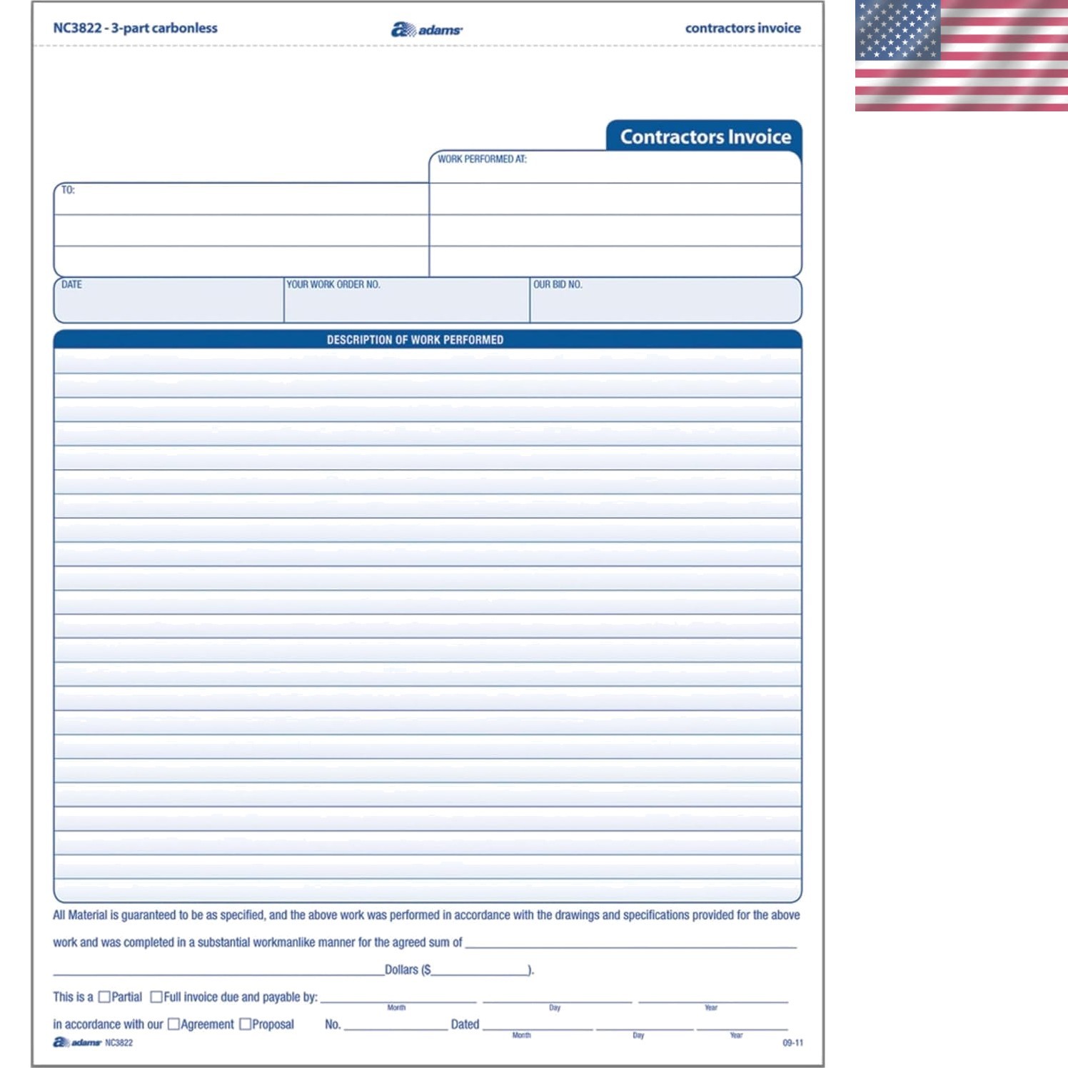 Efficient 3-Part Contractor Invoice Forms – 100 Sheets with Payment Instructions