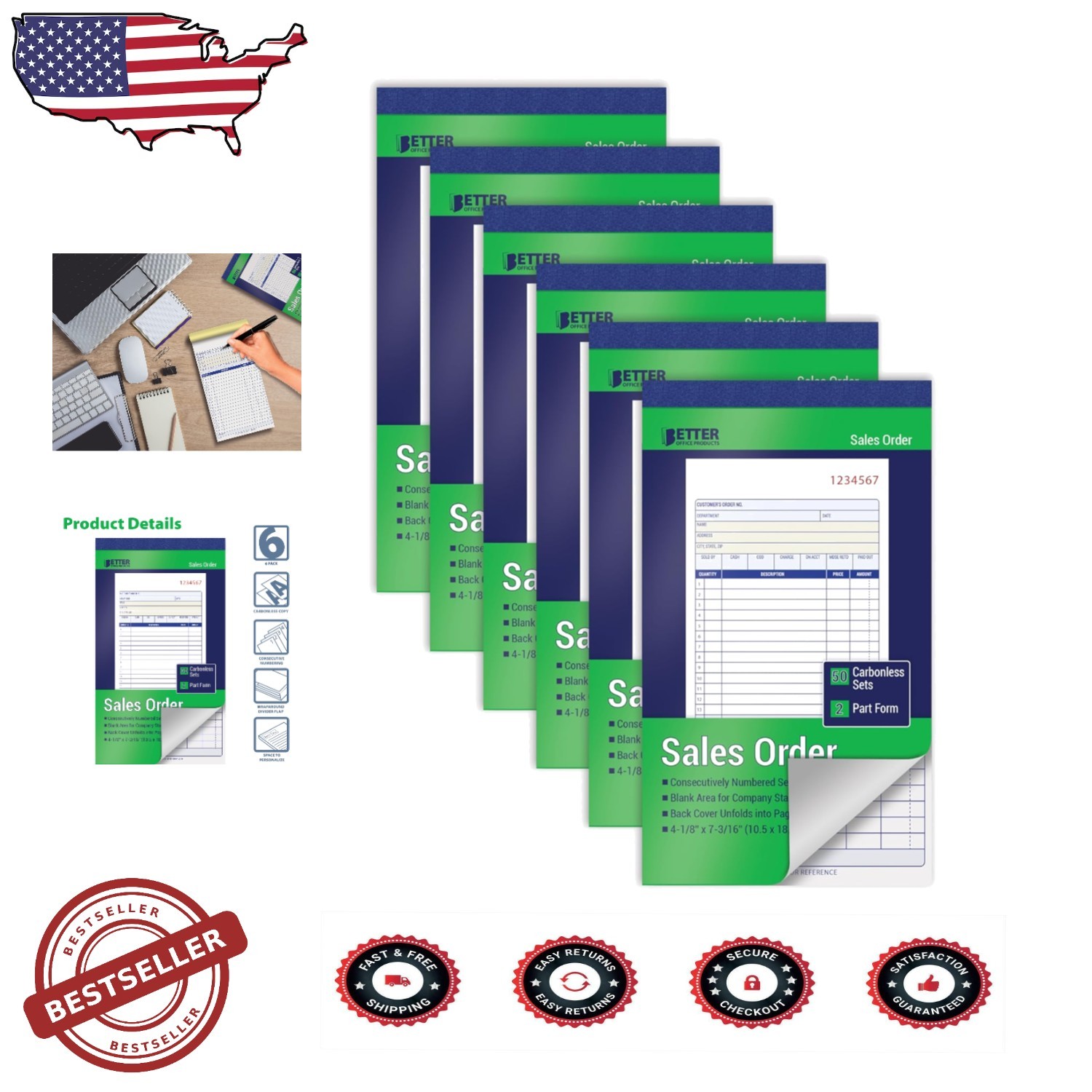 Professional 6-Pk Sales Order Books, 2-Part Carbonless, 4-1/8×7-3/16″, 300 Sets