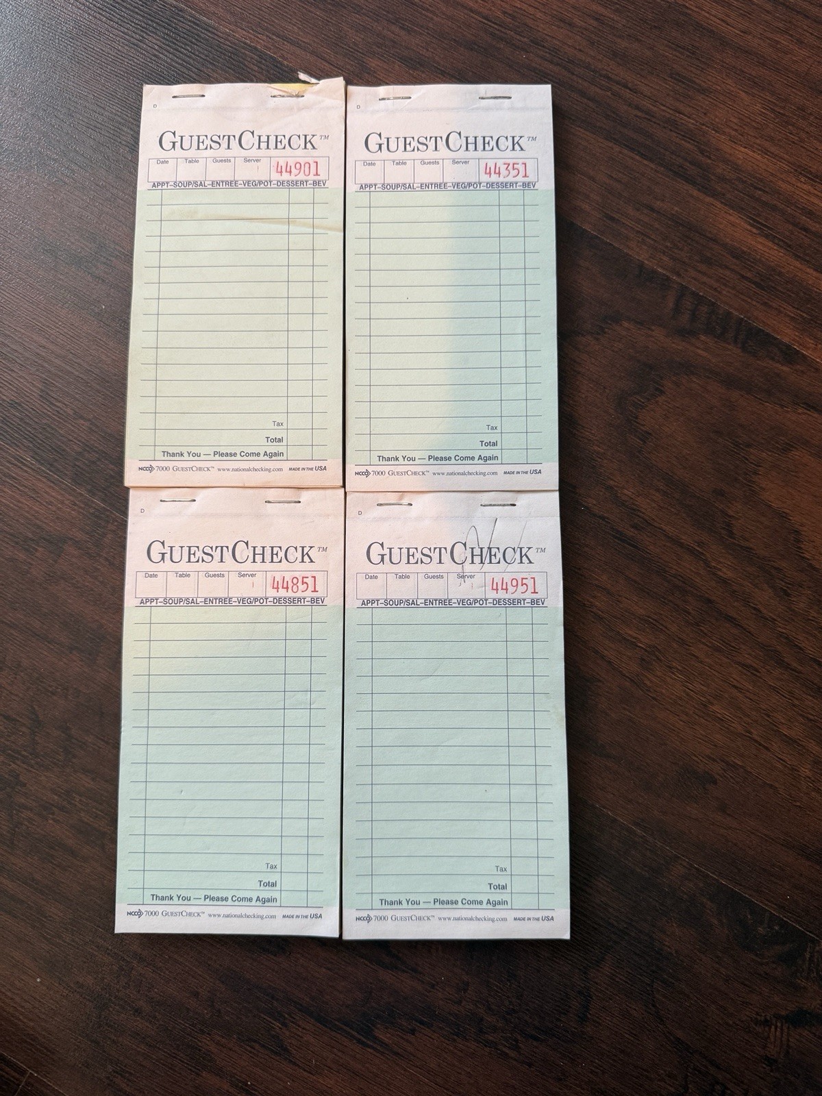 Set of 4 Guest Check Pads – Adams Style – 1-Part, Green