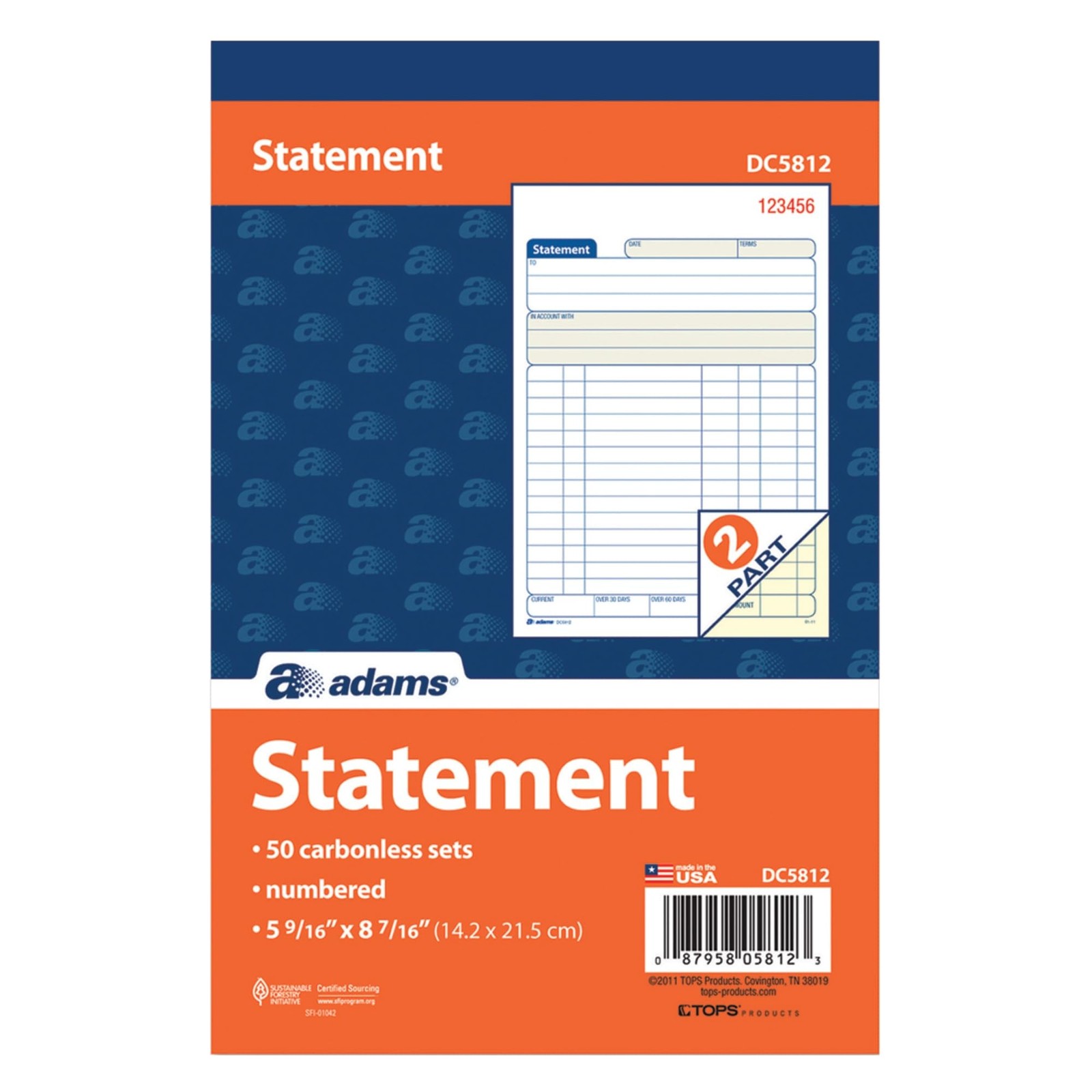 Tops Adams Statement Book, 2-Part Carbonless, White/canary, 5-9/16 X 8