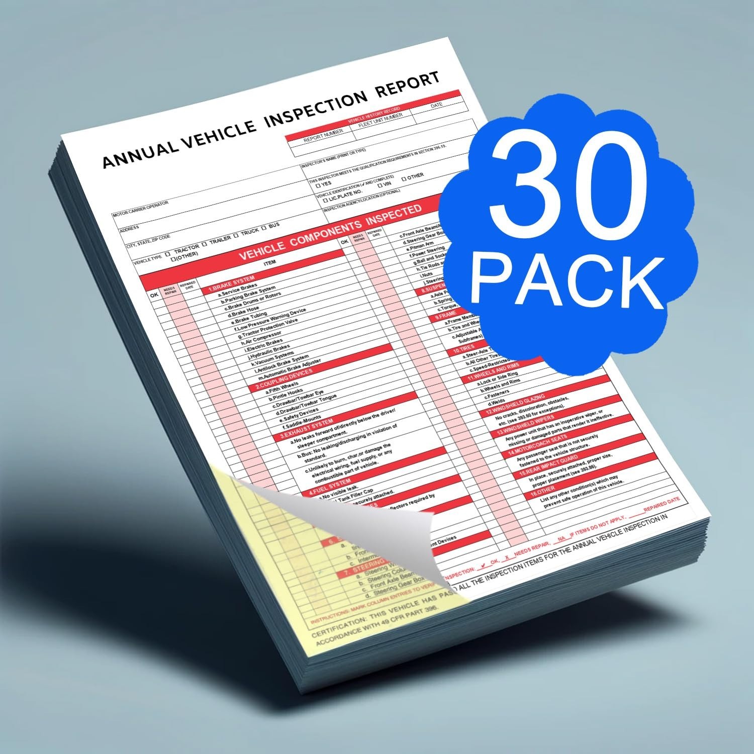 30-Pack Vehicle Condition Report Forms, 3-Ply Carbonless, Aluminum Date Labels f