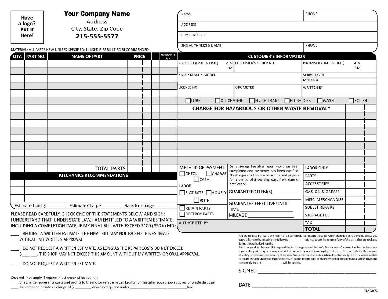 250 Garage Auto Repair Forms / 2 Part Carbonless / TMG072
