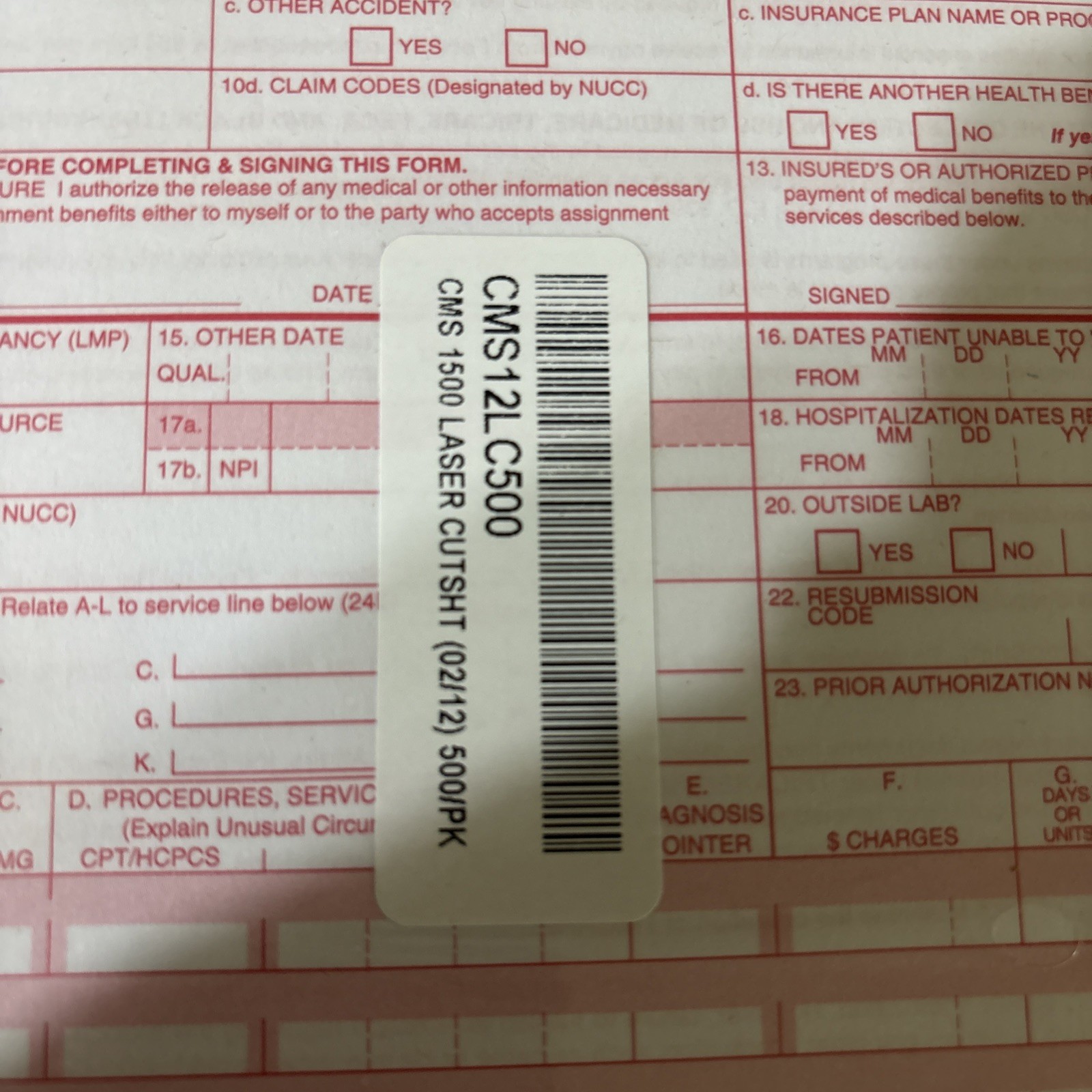 CMS 1500 HCFA Health Insurance Claim Forms (Version 02/12) 500 Forms SEALED NEW