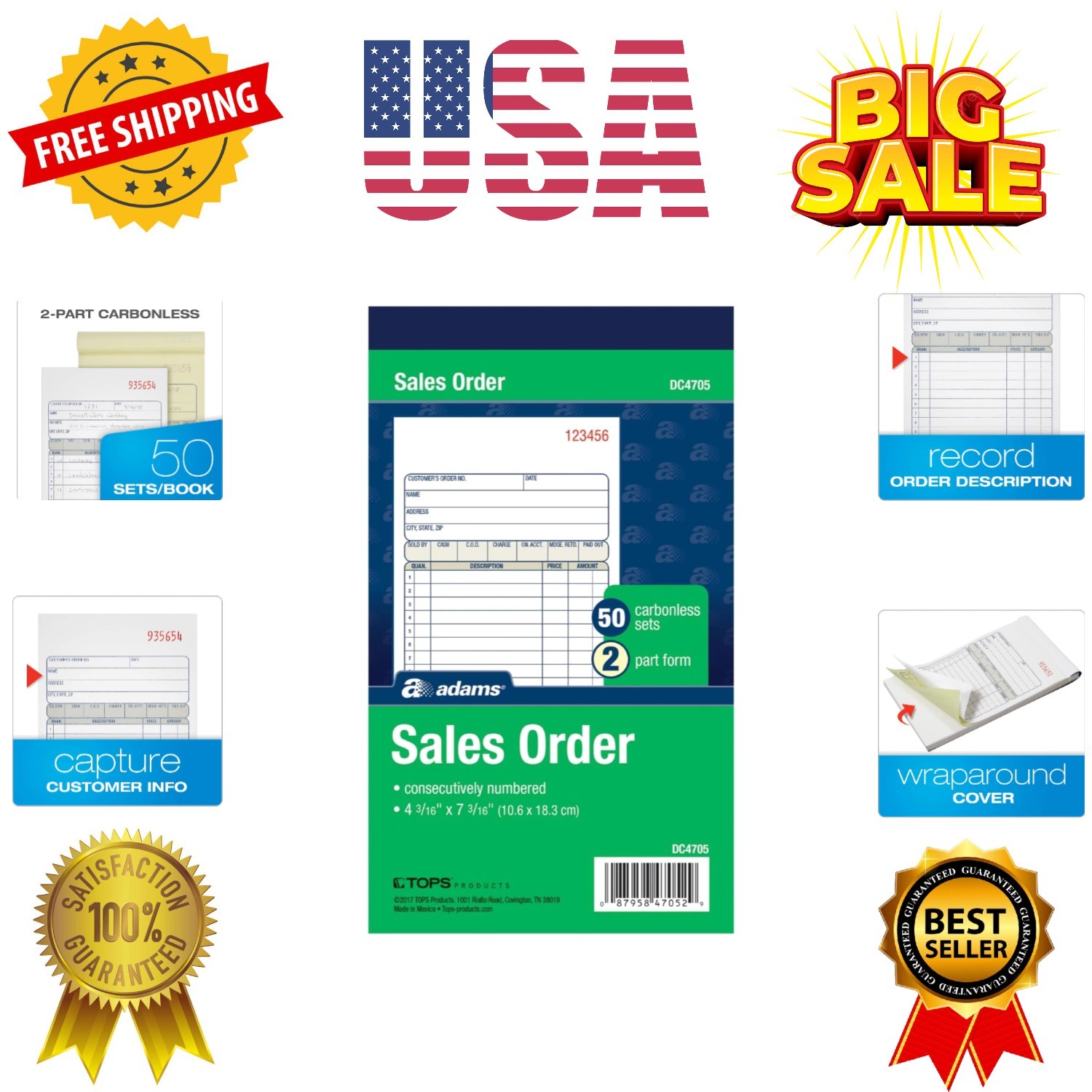 Sales Order Book, 2-Part, Carbonless, White/Canary, 4-3/16 x 7-3/16 Inches, 5…